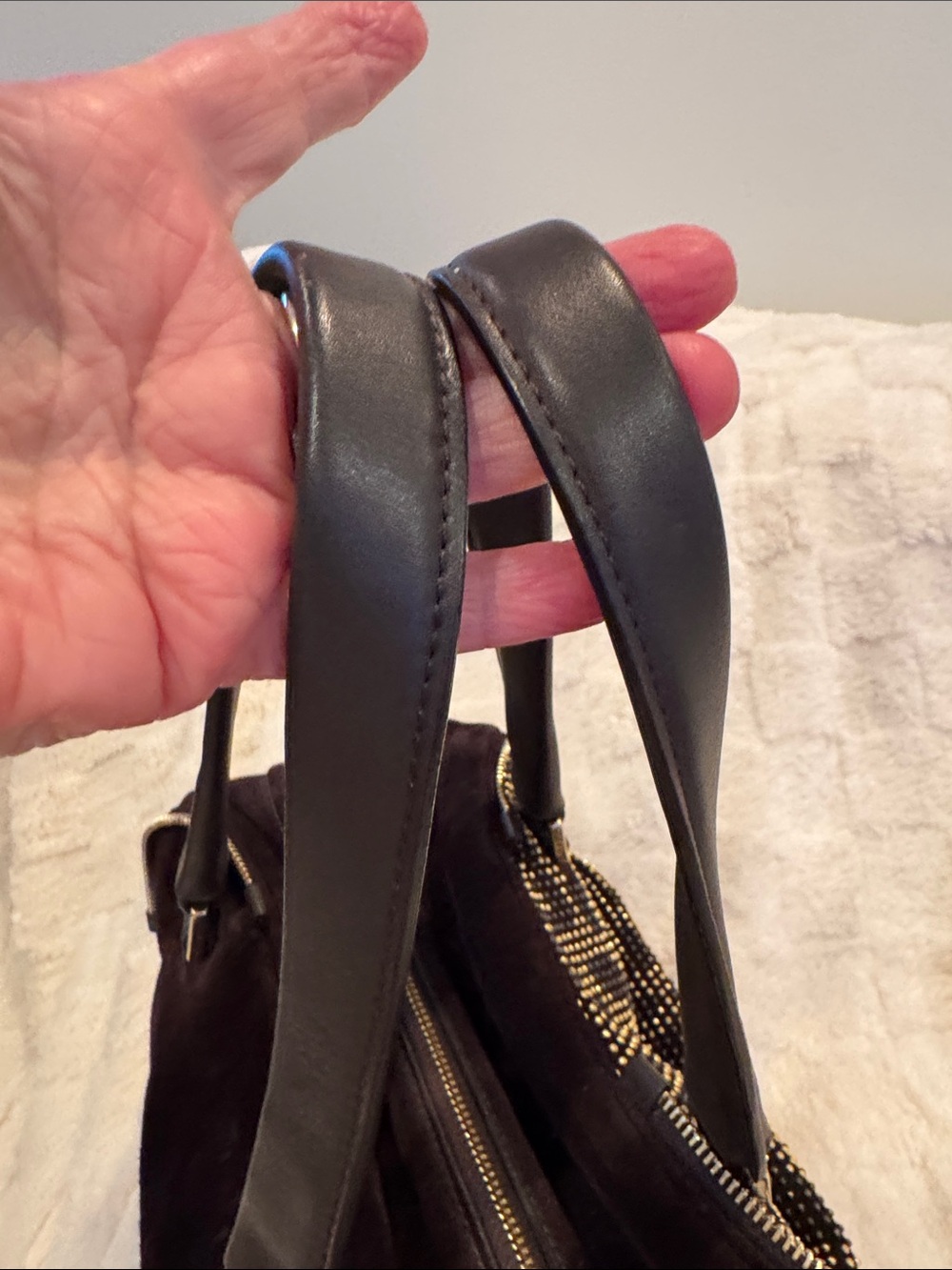 Jimmy Choo Brown Suede Satchel with Gold Stud Detailing - Picture 6 of 12